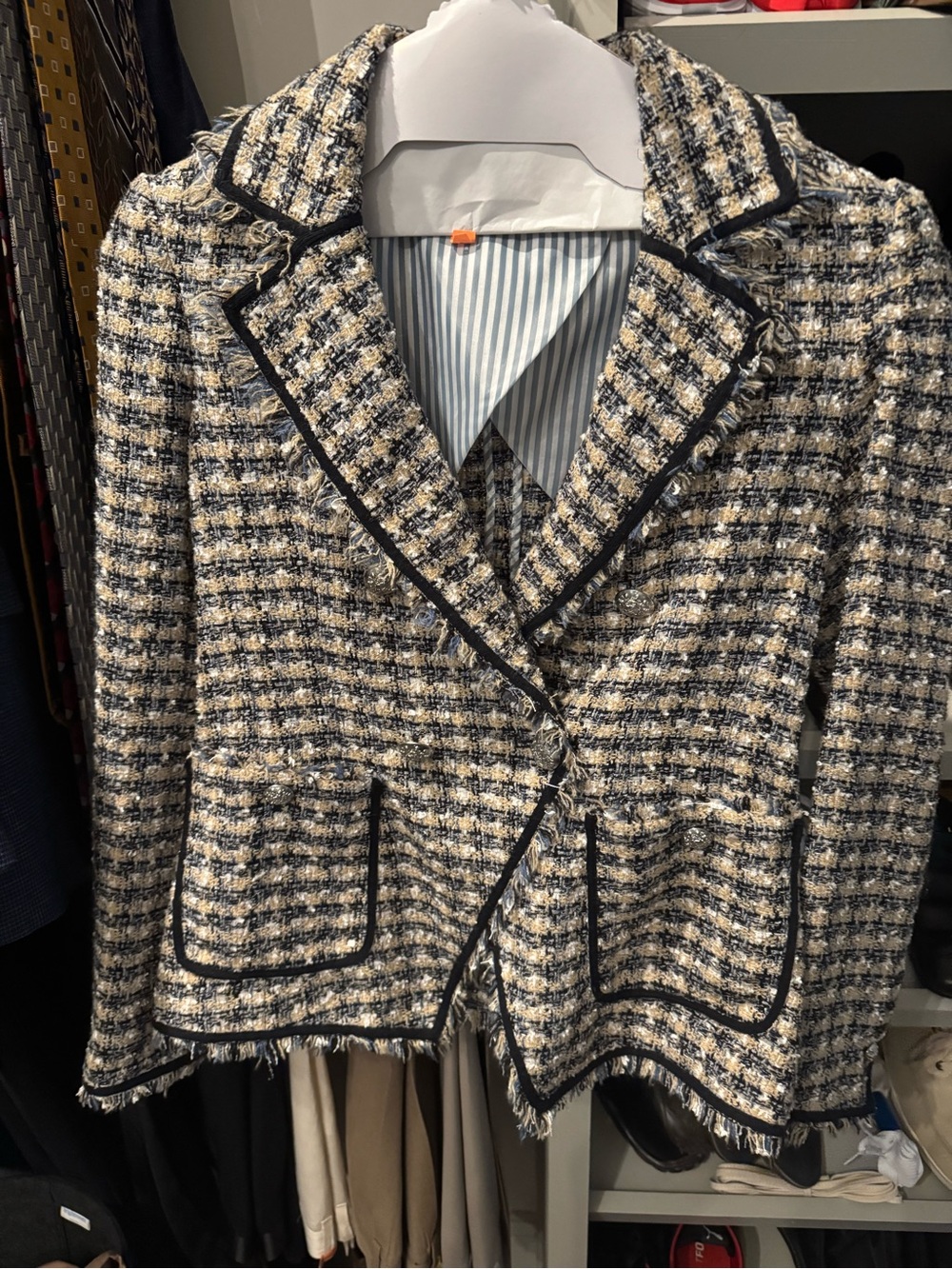 Veronica Beard Theron Navy and Cream Tweed Fringe-Trim Blazer - Picture 1 of 2